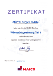 Zertifikat für Wärmerückgewinnung Jürgen Kästel